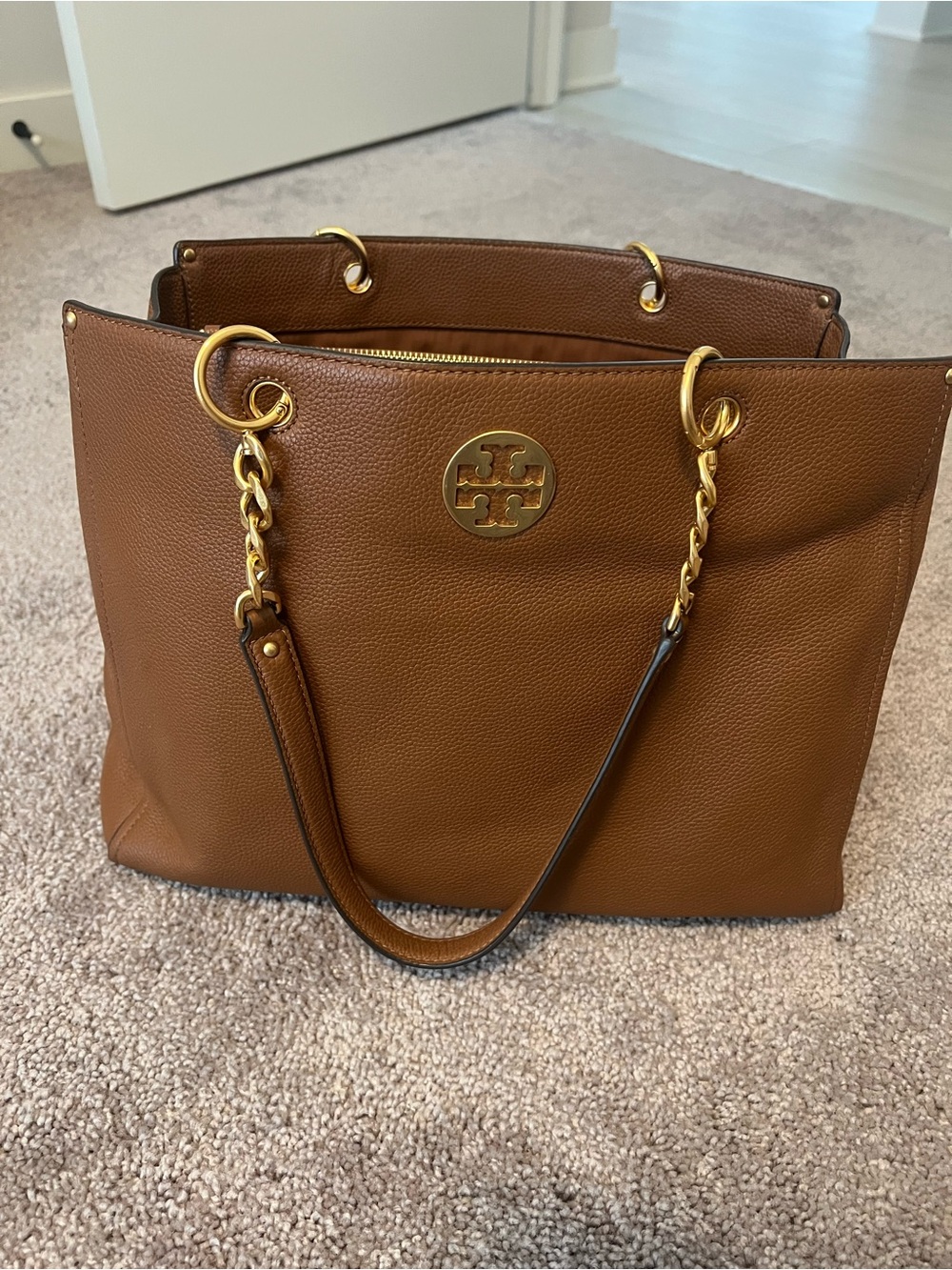 Tory Burch Chestnut Pebbled Leather Tote with Gold Hardware